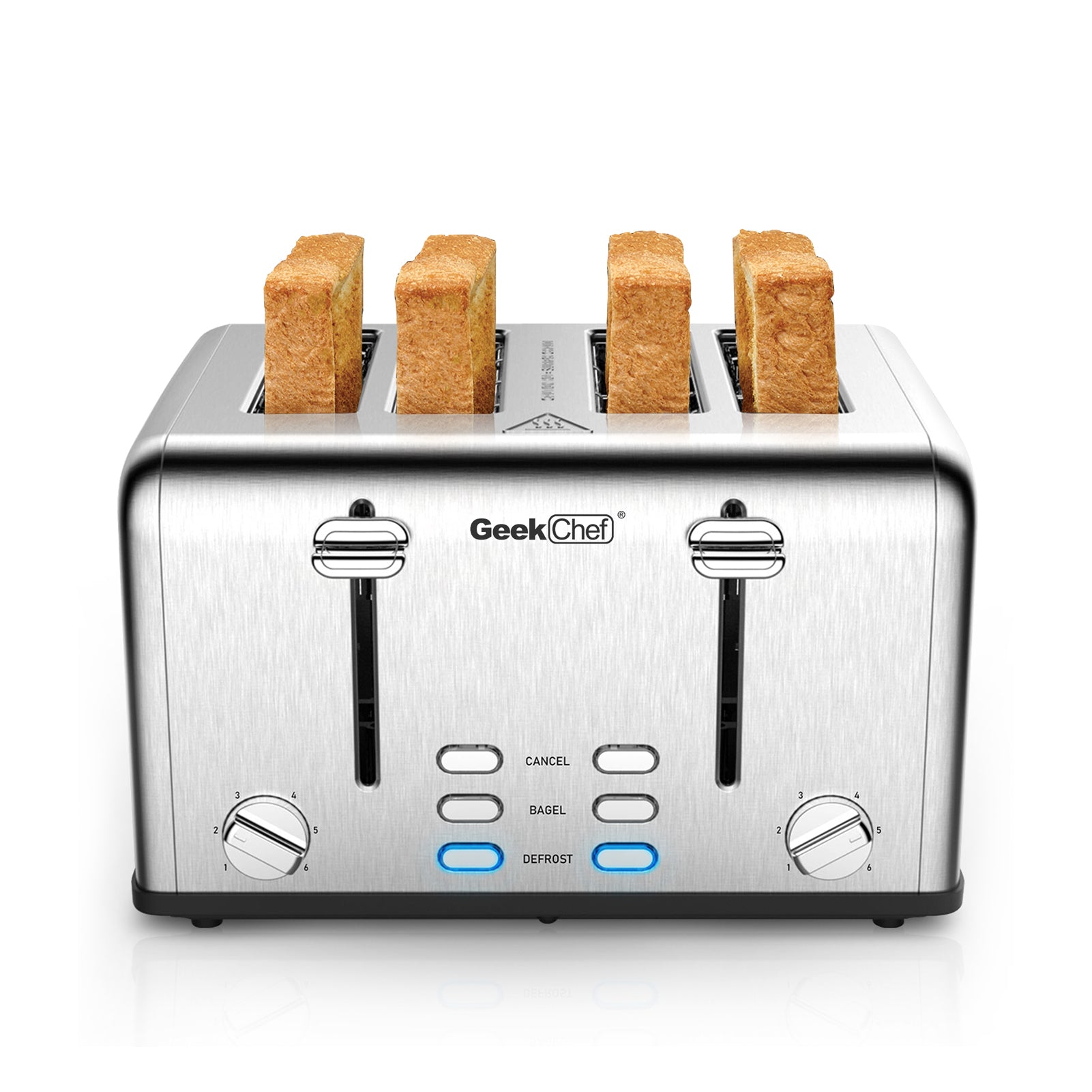 Geek Chef 4 Slice Toaster Extra Wide Slot Toaster Stainless Steel with Dual  Control Panels of Bagel/Defrost/Cancel Function, 6 Toasting Bread Shade  Settings, Removable Crumb Trays, Auto Pop-Up,Sliver 