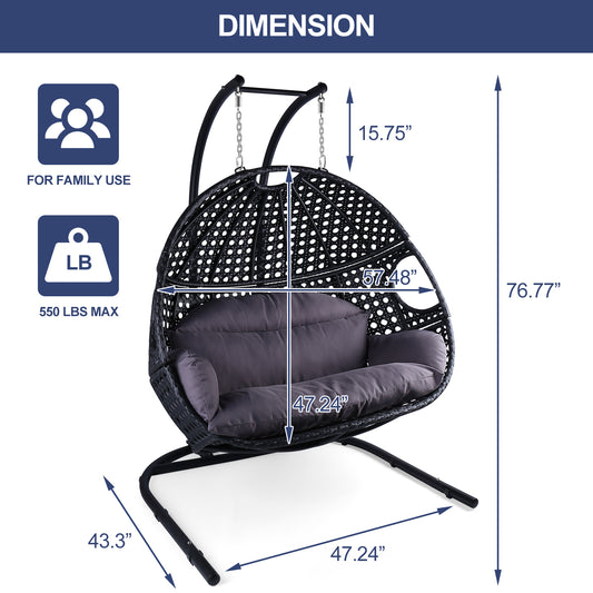 Double Swing Egg Chair with Stand Indoor Outdoor, UV Resistant Cushion 2 People Hanging Chair Anti-Rust Wicker Rattan Frame 530 lbs Capacity Oversized Hammock Chair for Patio Bedroom Balcony，Black