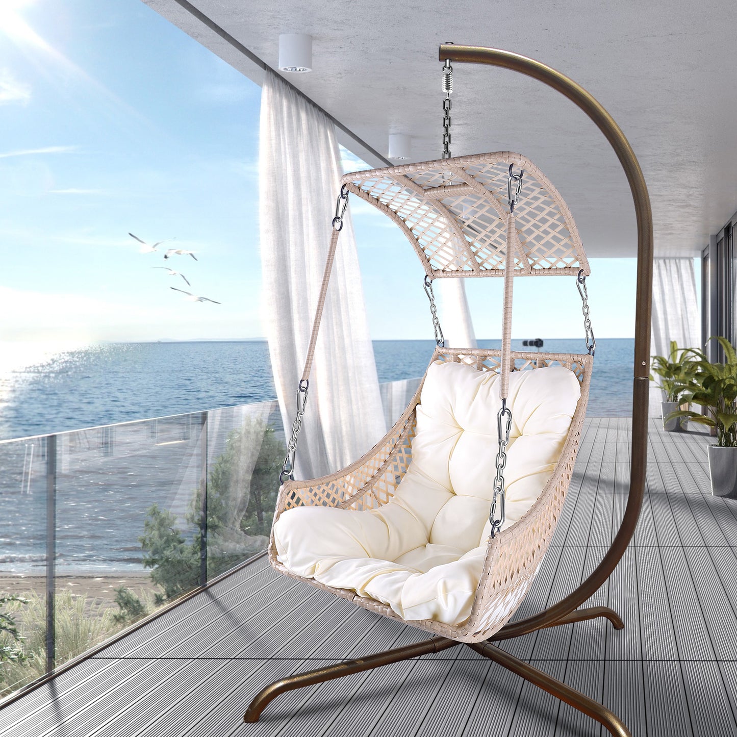 Swing Egg Chair with Stand Indoor Outdoor, UV Resistant Cushion Hanging Chair with Cup Holder, Anti-Rust with Wicker Rattan Frame 350lbs Capacity Hammock Chair for Patio Bedroom-Beige, New Design