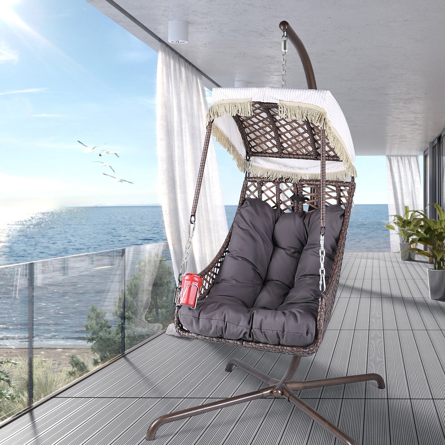 Swing Egg Chair with Stand Indoor Outdoor, UV Resistant Black Cushion Hanging Chair with Cup Holder, Wicker Rattan Frame 350lbs Capacity Hammock Chair for Patio Bedroom（with Sunshade Cloth）