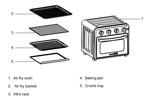 GTO16 Air Fryer Oven Accessories Including  Air fry oven /Air fryer Basket/Wiie rack/Baking pan/Crumb tray