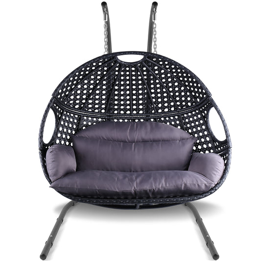 Double Swing Egg Chair with Stand Indoor Outdoor, UV Resistant Cushion 2 People Hanging Chair Anti-Rust Wicker Rattan Frame 530 lbs Capacity Oversized Hammock Chair for Patio Bedroom Balcony，Black