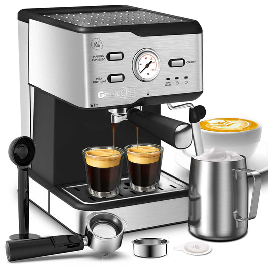 Espresso Machine 20 Bar Pump Pressure Cappuccino latte Maker Coffee Machine with ESE POD filter&Milk Frother Steam Wand&thermometer, 1.5L Water Tank, Stainless steel Espresso,Complimentary ESE Filter