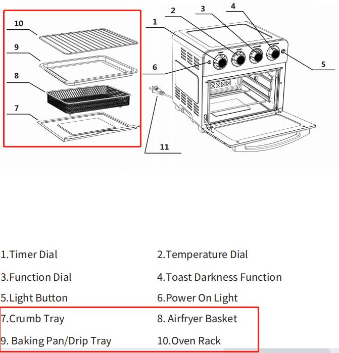GTO26 Air Fryer Oven Accessories Including Crumb Tray /Airfryer Basket /Baking Pan/Drip Tray /Oven Rack