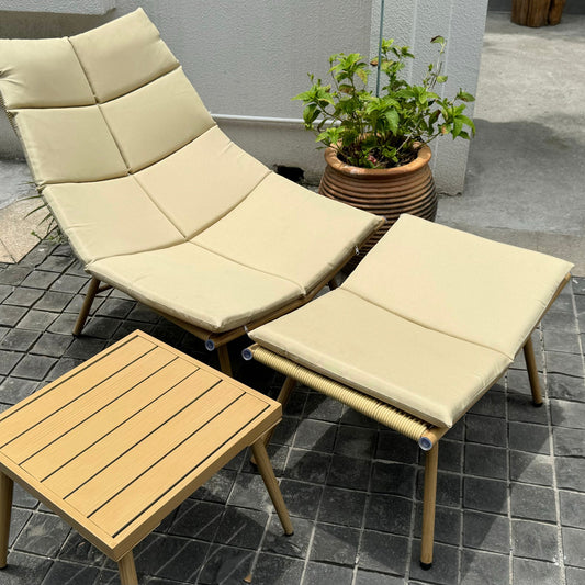 JESE Chaise Lounge Chair with Ottoma and Table for Outdoor Indoor Wood-Color Anti-rust Metal Alloy Frame Lazy Chiars 380lbs Capacity with Cushion and Footrest Recliner Reading Chairs for Sunbathing Garden