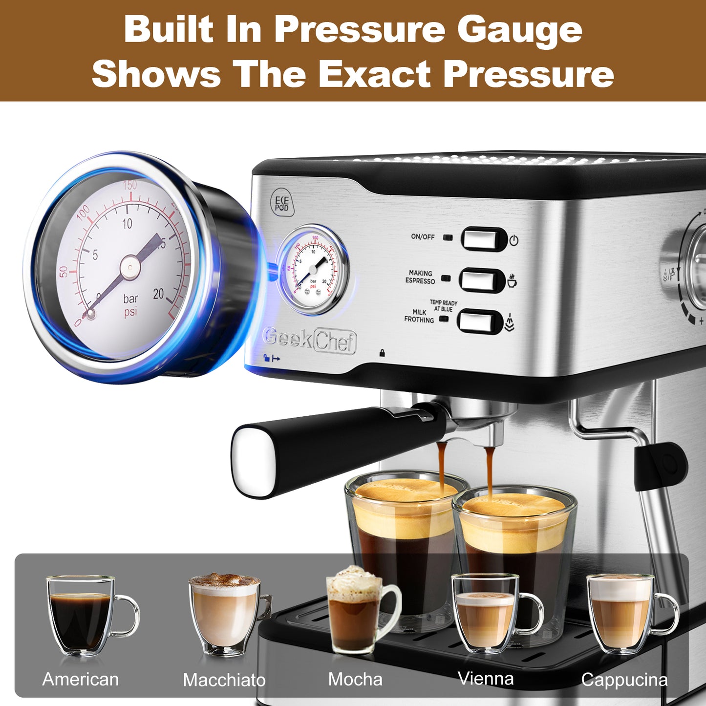 Geek Chef Coffee Espresso Machine,20 BarPump Pressure Espresso and Cappuccino latte Maker with Milk Frother Steam Wand, 1.45L WaterTank,950W,Complimentary ESE Filter