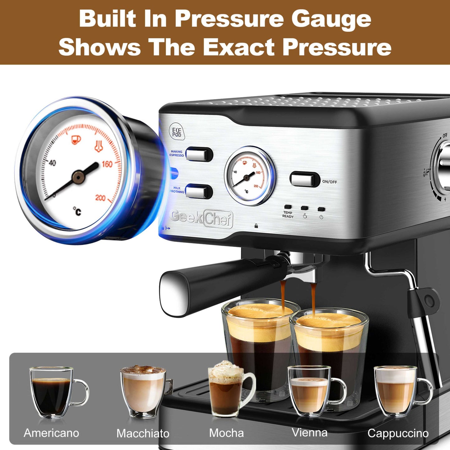 Espresso Machine 20 Bar Pump Pressure Cappuccino latte Maker Coffee Machine with ESE POD filter&Milk Frother Steam Wand&thermometer, 1.5L Water Tank, Stainless steel Espresso,Complimentary ESE Filter