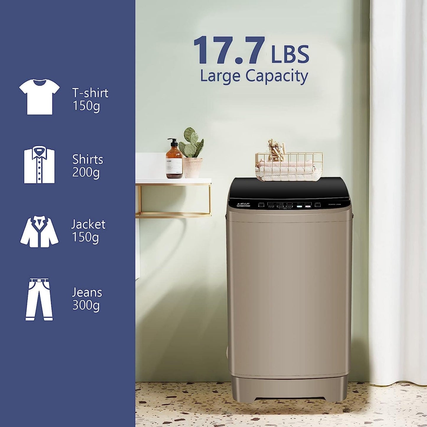 Full-Automatic Washing Machine with LED Display, 17.7 lbs Portable Compact Laundry Washer with Drain Pump, 10 Wash Programs 8 Water Levels