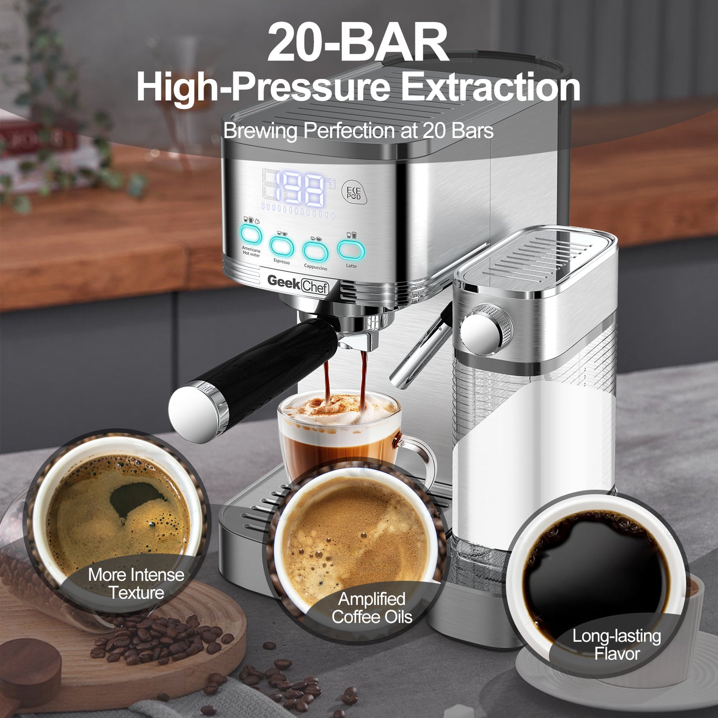 Geek Chef Espresso and Cappuccino Machine with Automatic Milk Frother,20Bar Espresso Maker for Home, for Cappuccino or Latte,with ESE POD filter, Stainless Steel, Gift for Coffee Lover