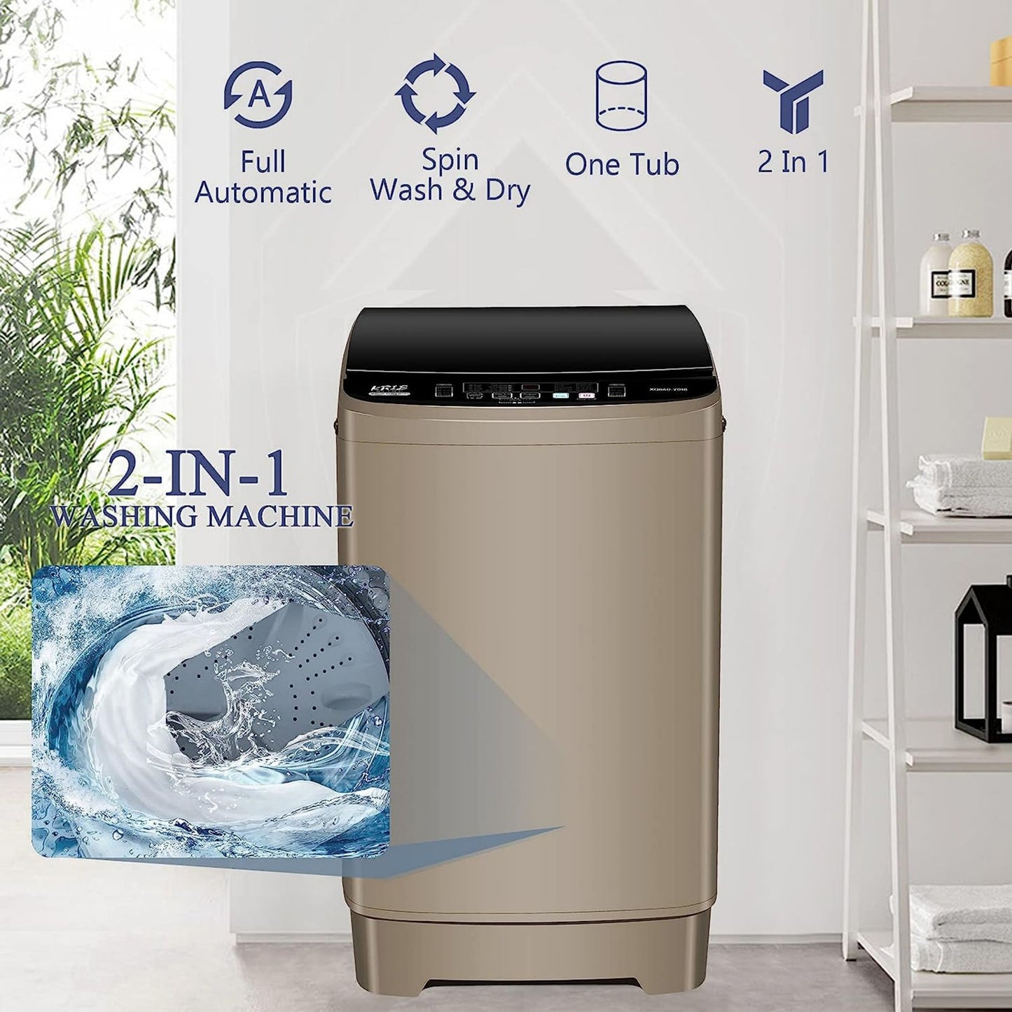 Full-Automatic Washing Machine with LED Display, 17.7 lbs Portable Compact Laundry Washer with Drain Pump, 10 Wash Programs 8 Water Levels