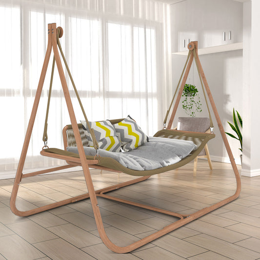 JESE Hammock Swing Chair with Stand for Indoor,Outdoor, Anti-Rust Wood-Colored Frame 570 lbs Capacity with Cushion Oversized Double Hammock Chair for Patio Balcony Bedroom