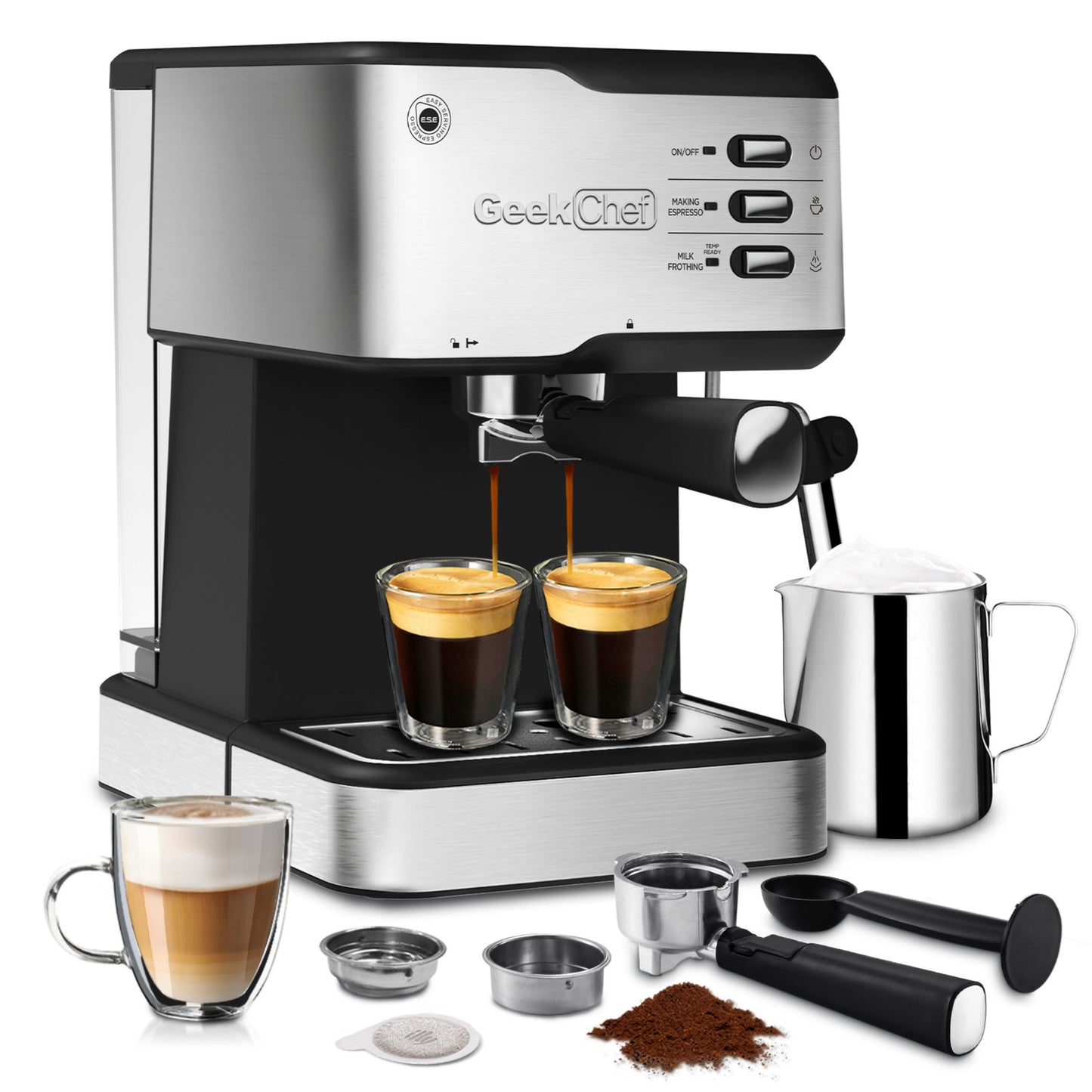 Geek Chef Coffee Espresso Machine,20 BarPump Pressure Espresso and Cappuccino latte Maker with Milk Frother Steam Wand, 1.45L WaterTank,950W,Complimentary ESE Filter