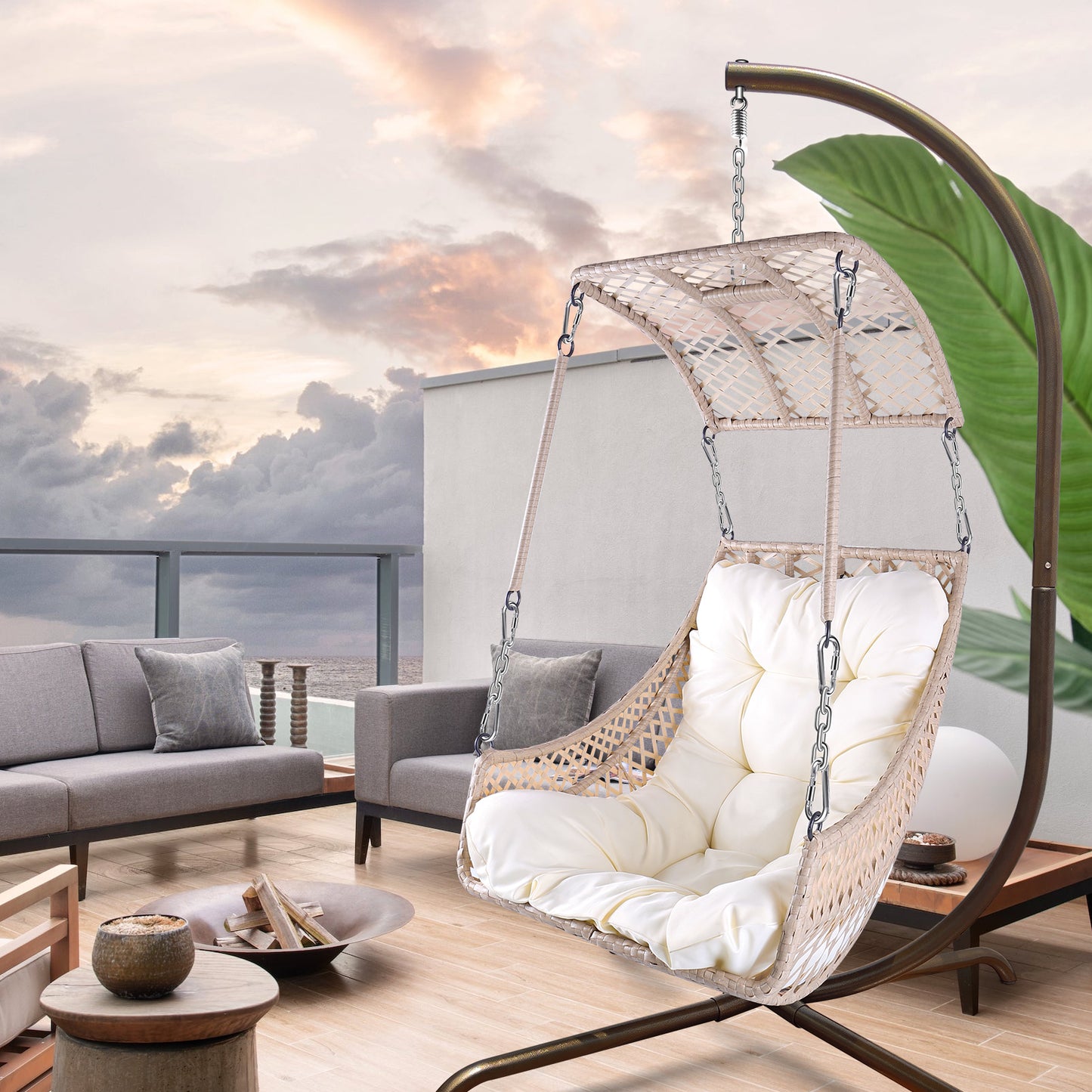 Swing Egg Chair with Stand Indoor Outdoor, UV Resistant Cushion Hanging Chair with Cup Holder, Anti-Rust with Wicker Rattan Frame 350lbs Capacity Hammock Chair for Patio Bedroom-Beige, New Design