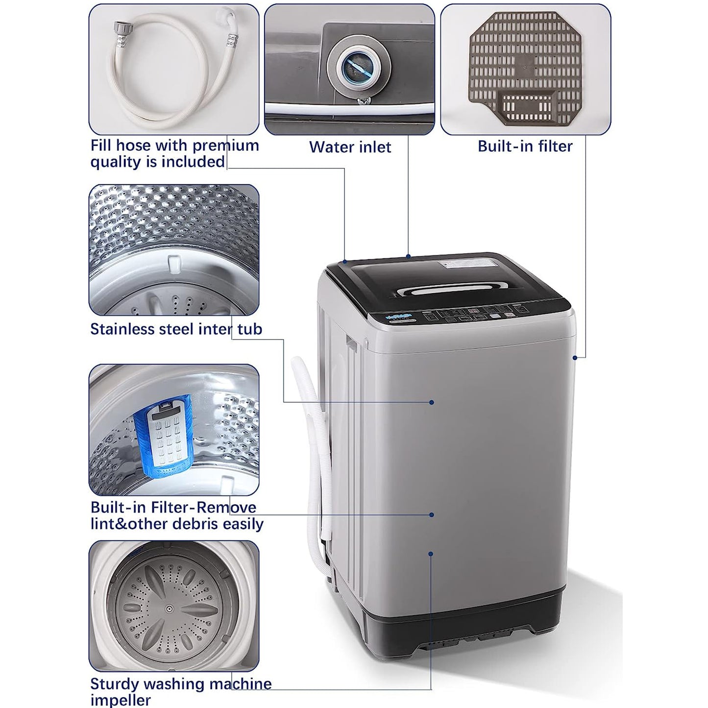 Full-Automatic Washing Machine with LED Display, 17.7 lbs Portable Compact Laundry Washer with Drain Pump, 10 Wash Programs 8 Water Levels