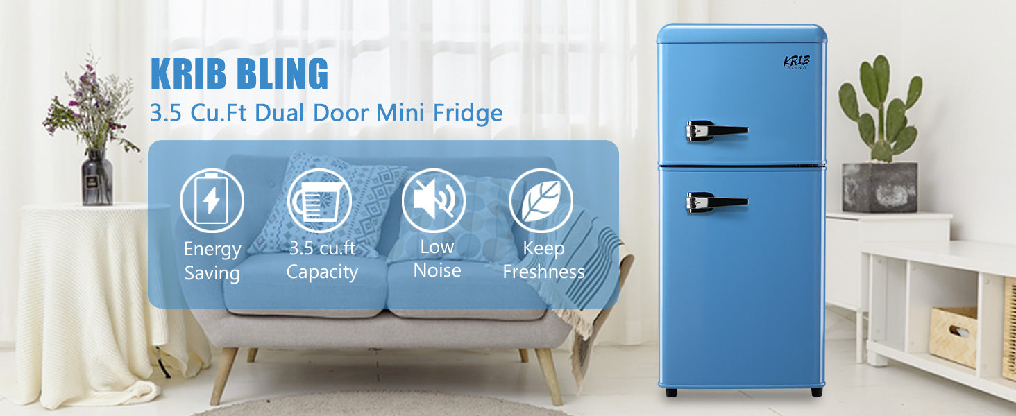 blue mini fridge with freezer