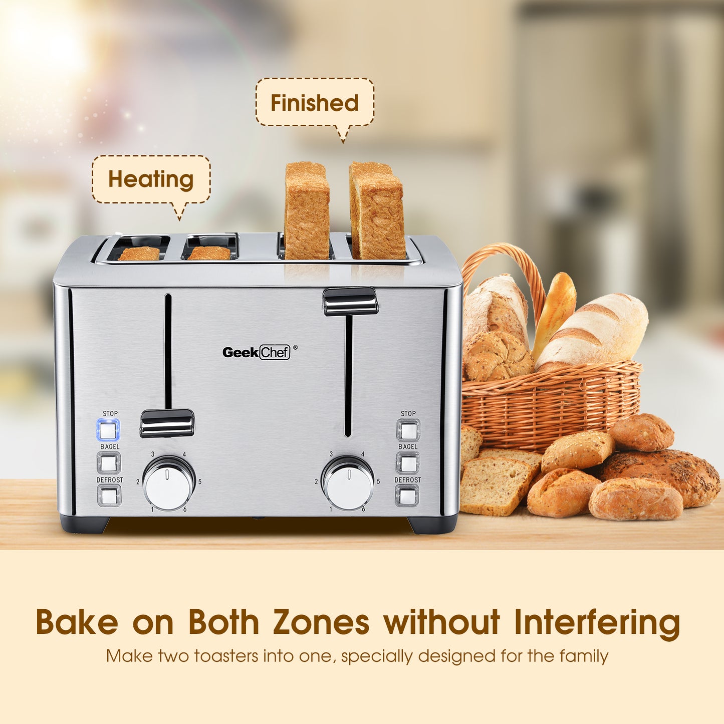 Geek Chef 4 Slice Toaster, Stainless Steel Bread Bagel Toaster with Warming Rack, 6 Shade Settings, 4 Extra Wide Slots, Removable Crumb Tray, Bagel/Defrost/Stop Function, 1500W