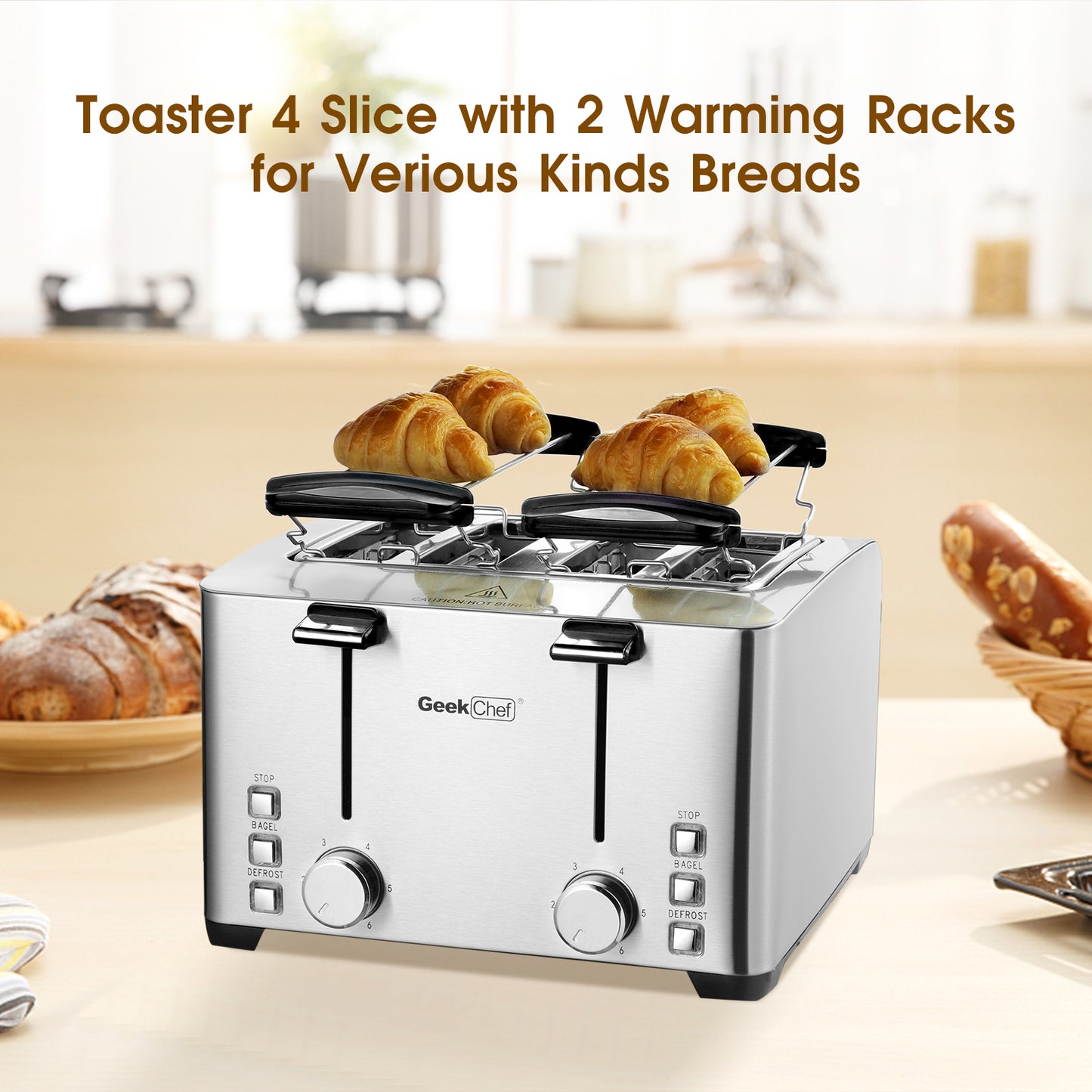 Geek Chef 4 Slice Toaster, Stainless Steel Bread Bagel Toaster with Warming Rack, 6 Shade Settings, 4 Extra Wide Slots, Removable Crumb Tray, Bagel/Defrost/Stop Function, 1500W
