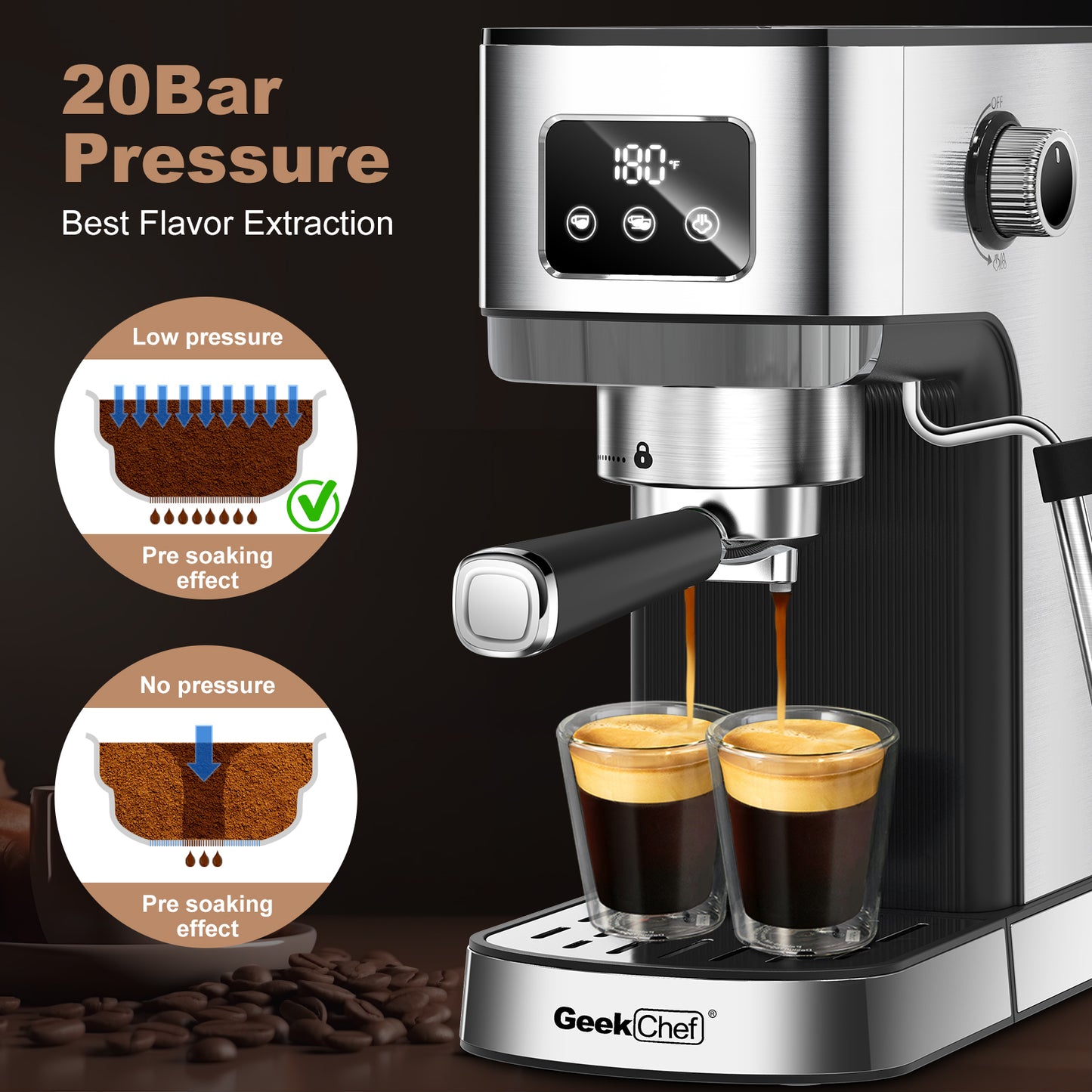 Geek Chef Espresso Machine,20 bar espresso machine with milk frother for latte,cappuccino, household espresso maker,1.1L Water Tank,Stainless Steel
