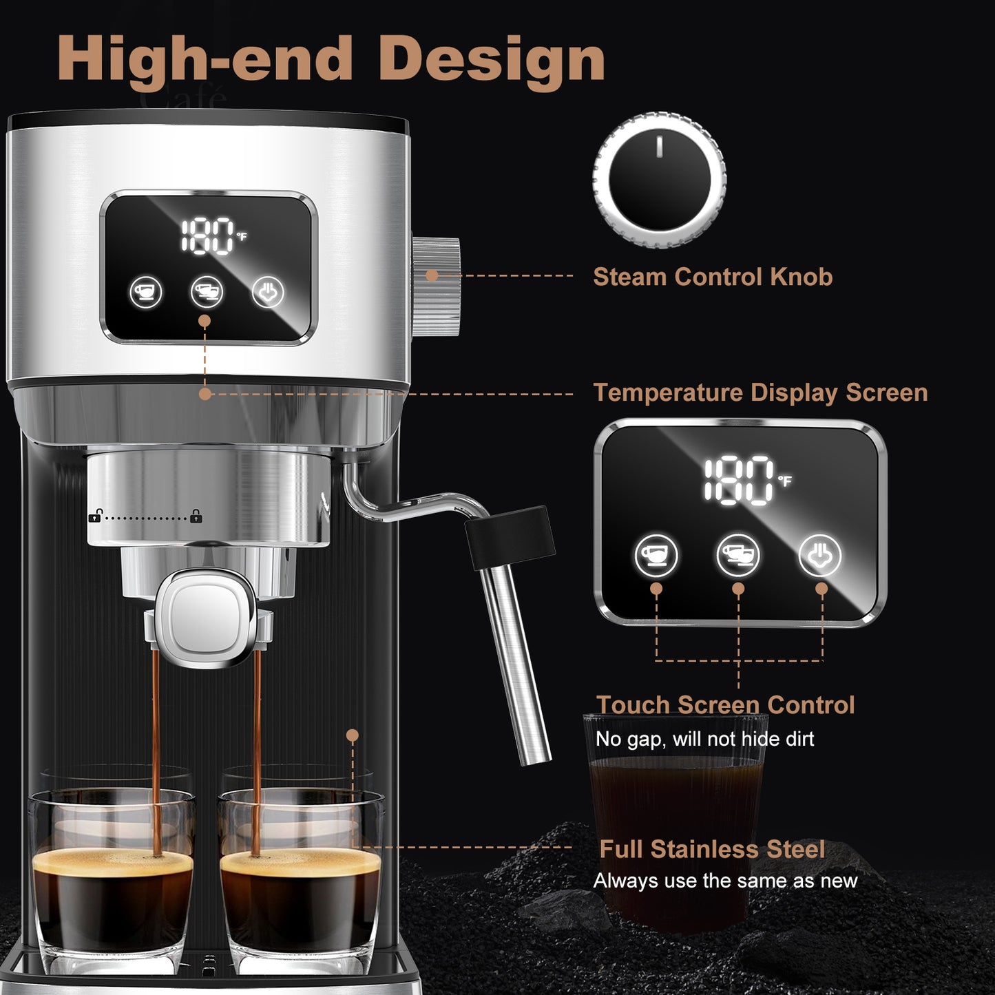 Geek Chef Espresso Machine,20 bar espresso machine with milk frother for latte,cappuccino, household espresso maker,1.1L Water Tank,Stainless Steel