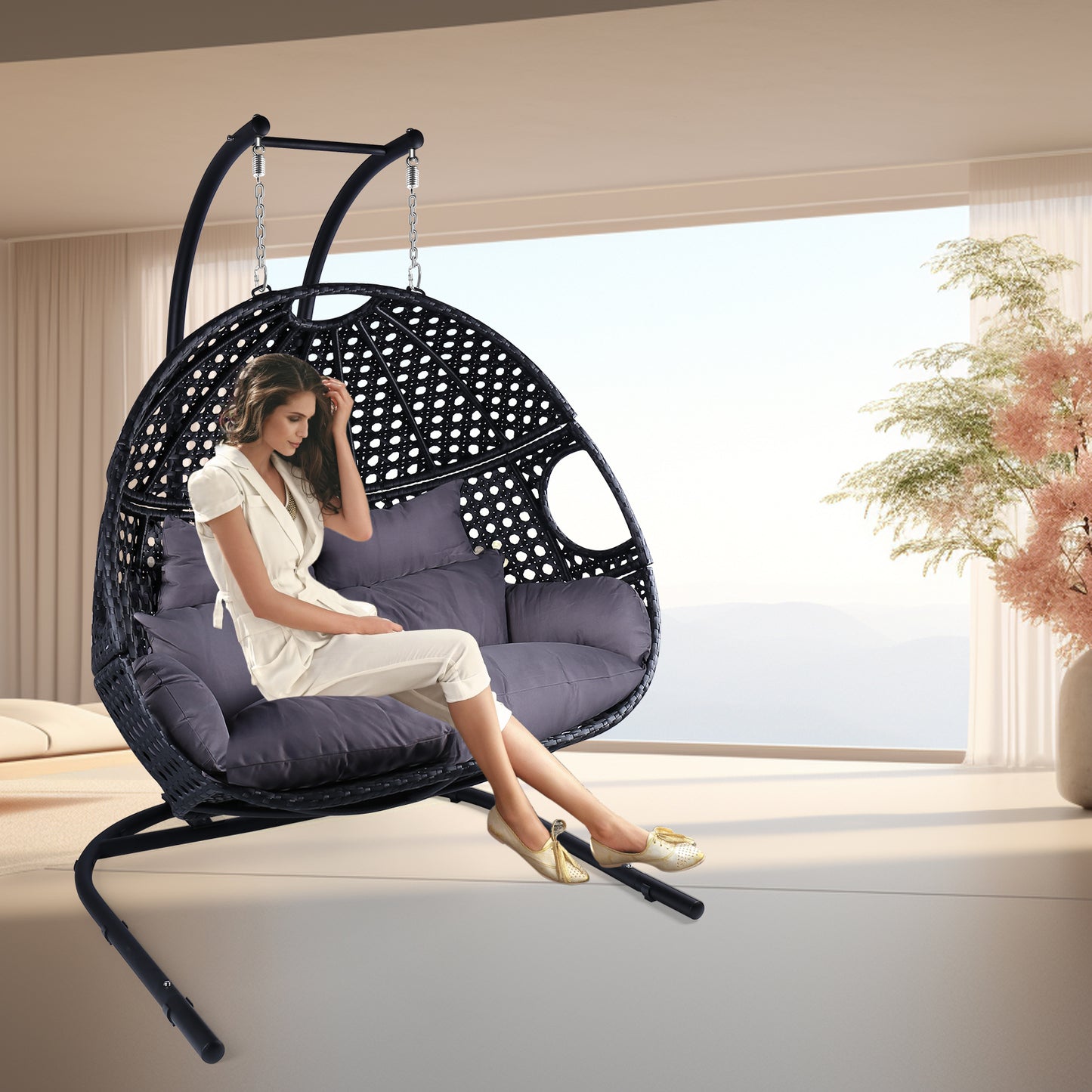 Double Swing Egg Chair with Stand Indoor Outdoor, UV Resistant Cushion 2 People Hanging Chair Anti-Rust Wicker Rattan Frame 530 lbs Capacity Oversized Hammock Chair for Patio Bedroom Balcony，Black