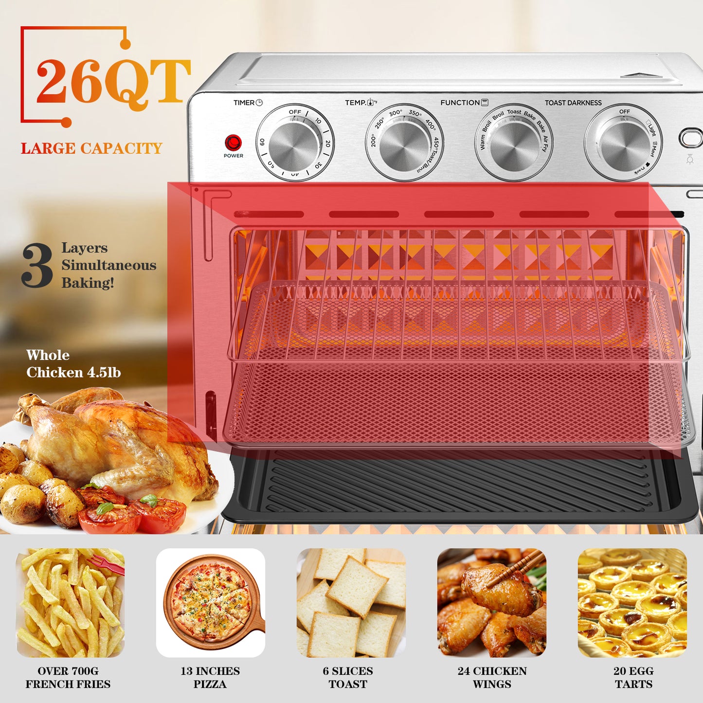 Geek Chef Air Fryer, 6 Slice 26QT/26L Air Fryer Fry Oil-Free, Extra Large Toaster Oven Combo, Air Fryer Oven, Roast, Bake, Broil, Reheat, Convection Countertop Oven, Accessories Included, Stainless St