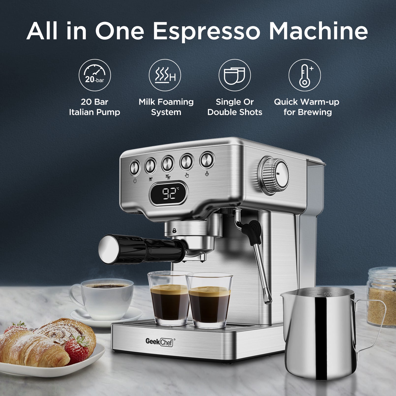 Geek Chef Espresso Machines,Espresso Maker for home, Latte & Cappuccino Maker, 20 Bar Pump Pressure and Milk Frother Steam Wand,Stainless Steel, with Temperature Display