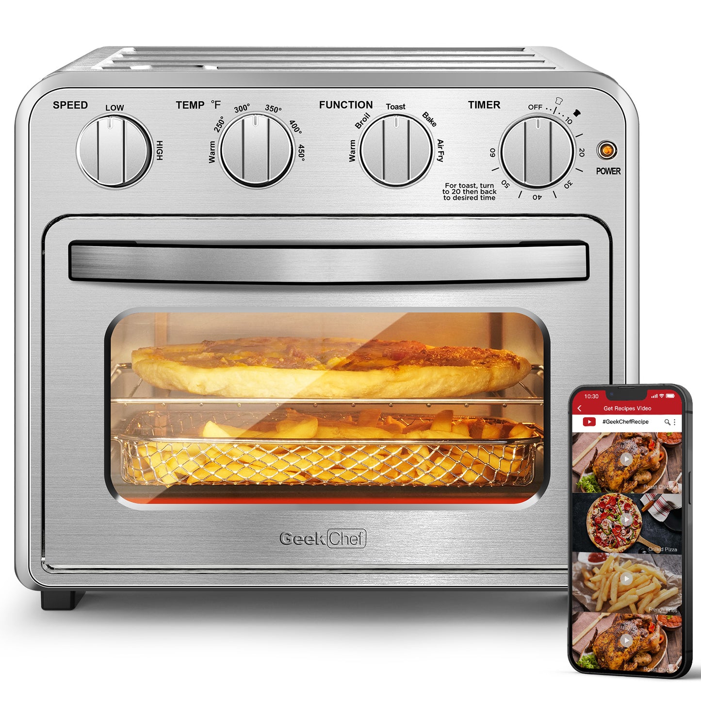 Geek Chef Air Fryer Toaster Oven Combo, 4 Slice Toaster Convection Air Fryer Oven Warm, Broil, Toast, Bake, Air Fry, Oil-Free, Accessories Included, Stainless Steel, Silver(16QT Air Fryer Oven)