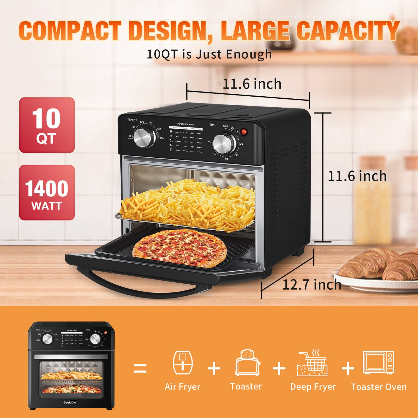 Geek Chef Air Fryer 10QT, Countertop Toaster Oven, 4 Slice Toaster Air Fryer Oven Warm, Broil, Toast, Bake, Air Fry, Oil-Free, Black, Perfect for Countertop
