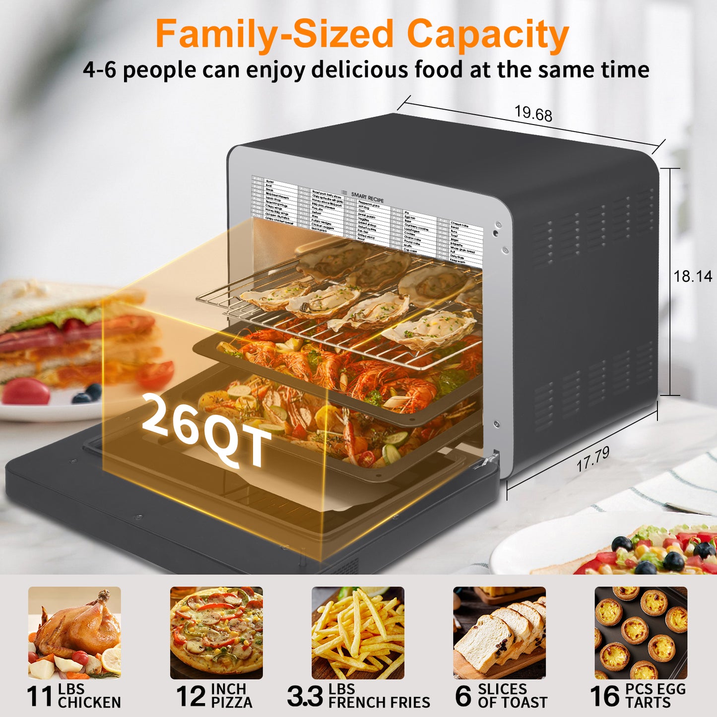 Air Fryer Toaster Oven, 50-in-1 Steam Countertop Convection Oven, 26QT Extra Large Capacity, Fit 12" Pizza, 6 Slices Toast, Rotisserie and Dehydrator, Pizza, Steam, Double-layer Glass Door, 6 Accessories Include, ETL Certified, Black Stainless Steel