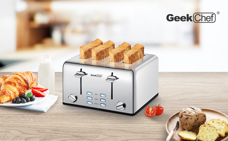 Toaster 4 Slice, Geek Chef Stainless Steel Extra-Wide Slot Toaster