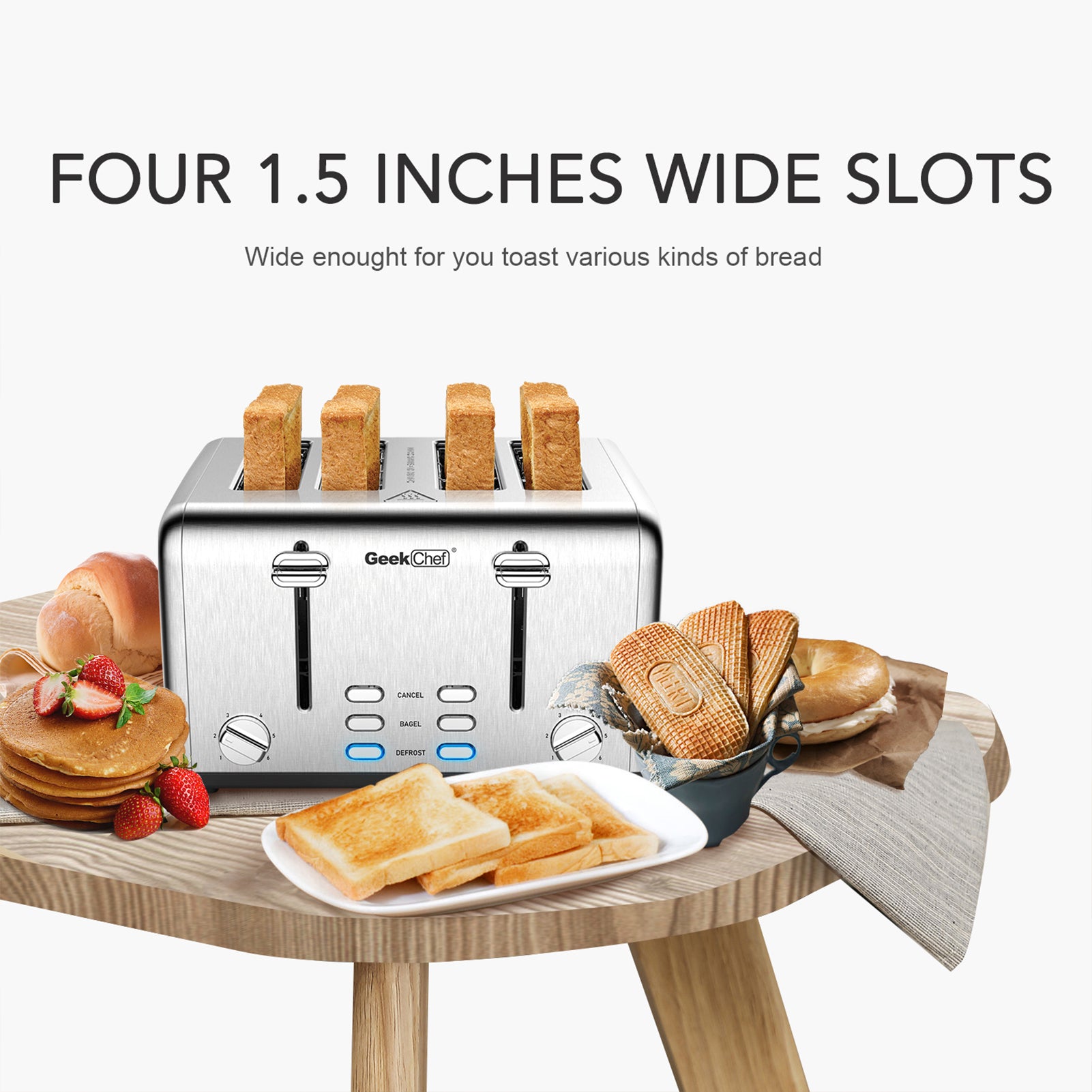 Toaster 4 Slice, SEVENTH Stainless Steel Extra-Wide Slot Toaster, 6 Toasting  Color Settings, Auto Pop-Up Toaster with Bagel/Defrost/Cancel Function,  Toaster with Removable Crumb Trays, Silver, J2706 