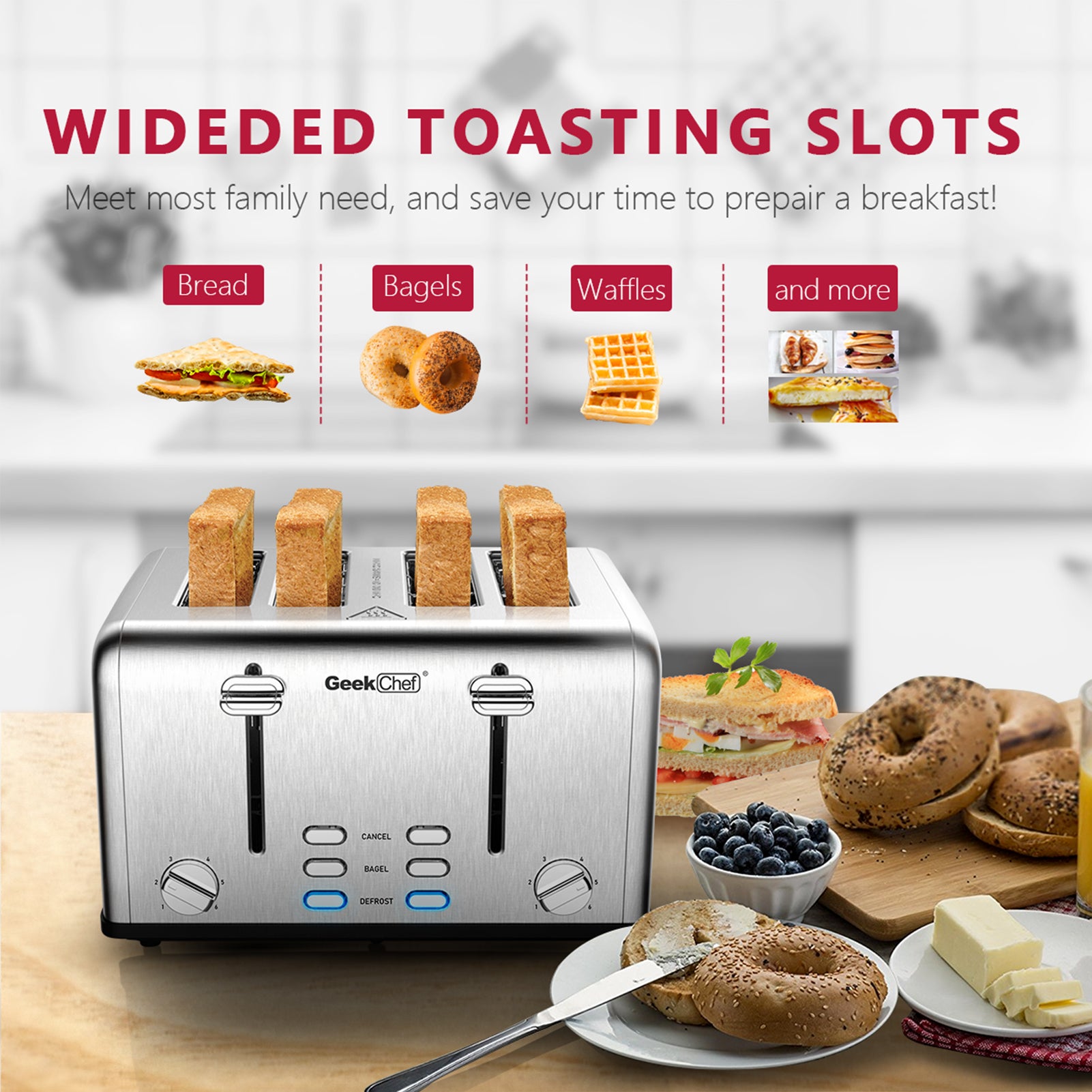 Home Shark 4 Slice Toaster, Stainless Steel Toaster with 7 Shade Settings, Extra  Wide Slots for Bagels, Silver 
